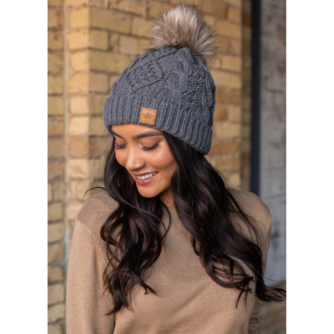 Gray Cable Knit Hat with Pom Accent