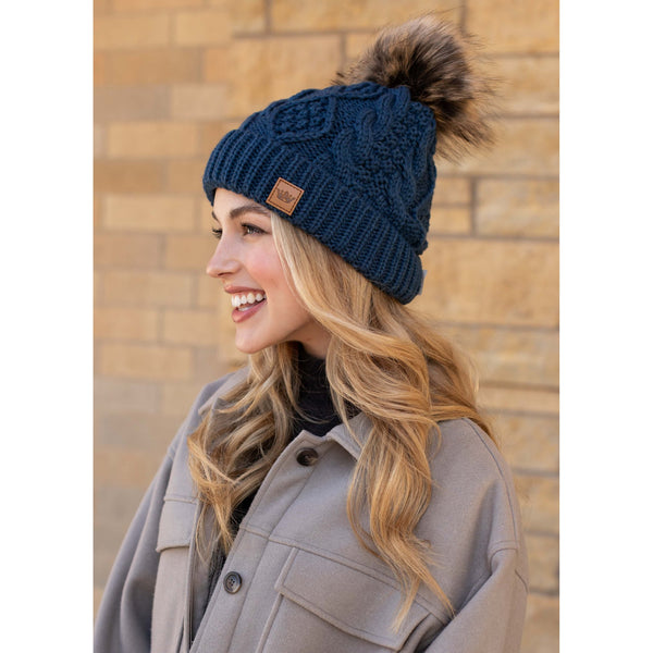 KIDS - Blue Cable Knit Hat with Pom Accent