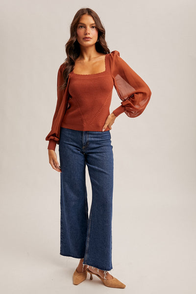 Rust Scallop Neck Chiffon Sleeve Sweater