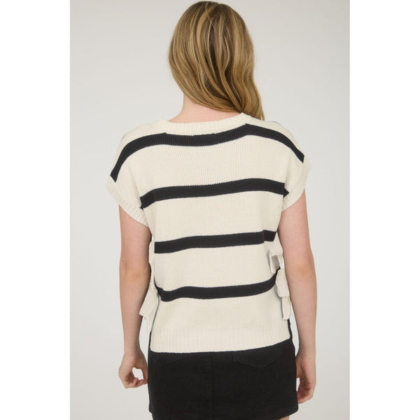 Cream & Black Striped Tie Sweater
