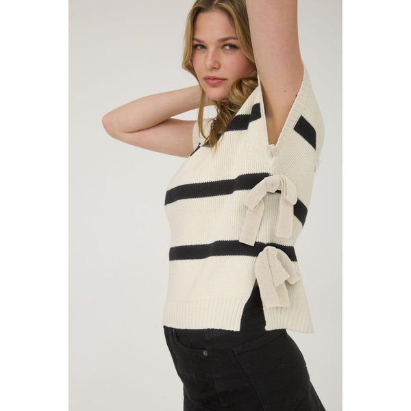 Cream & Black Striped Tie Sweater