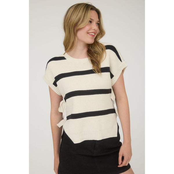 Cream & Black Striped Tie Sweater