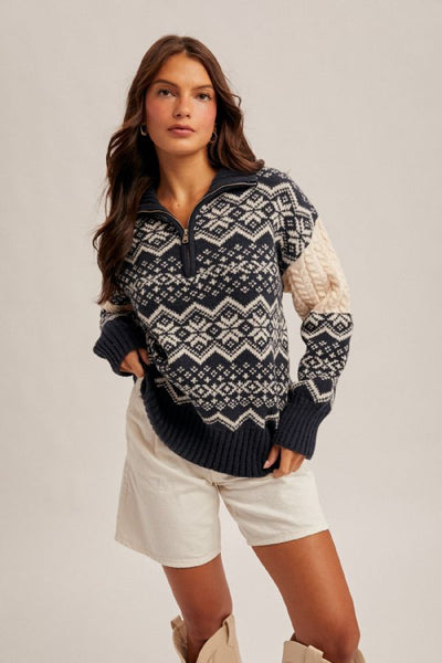 Navy Jacquard Half Zip Sweater
