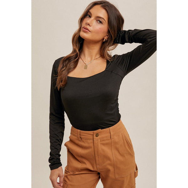 Black Ruched Square Neck Top