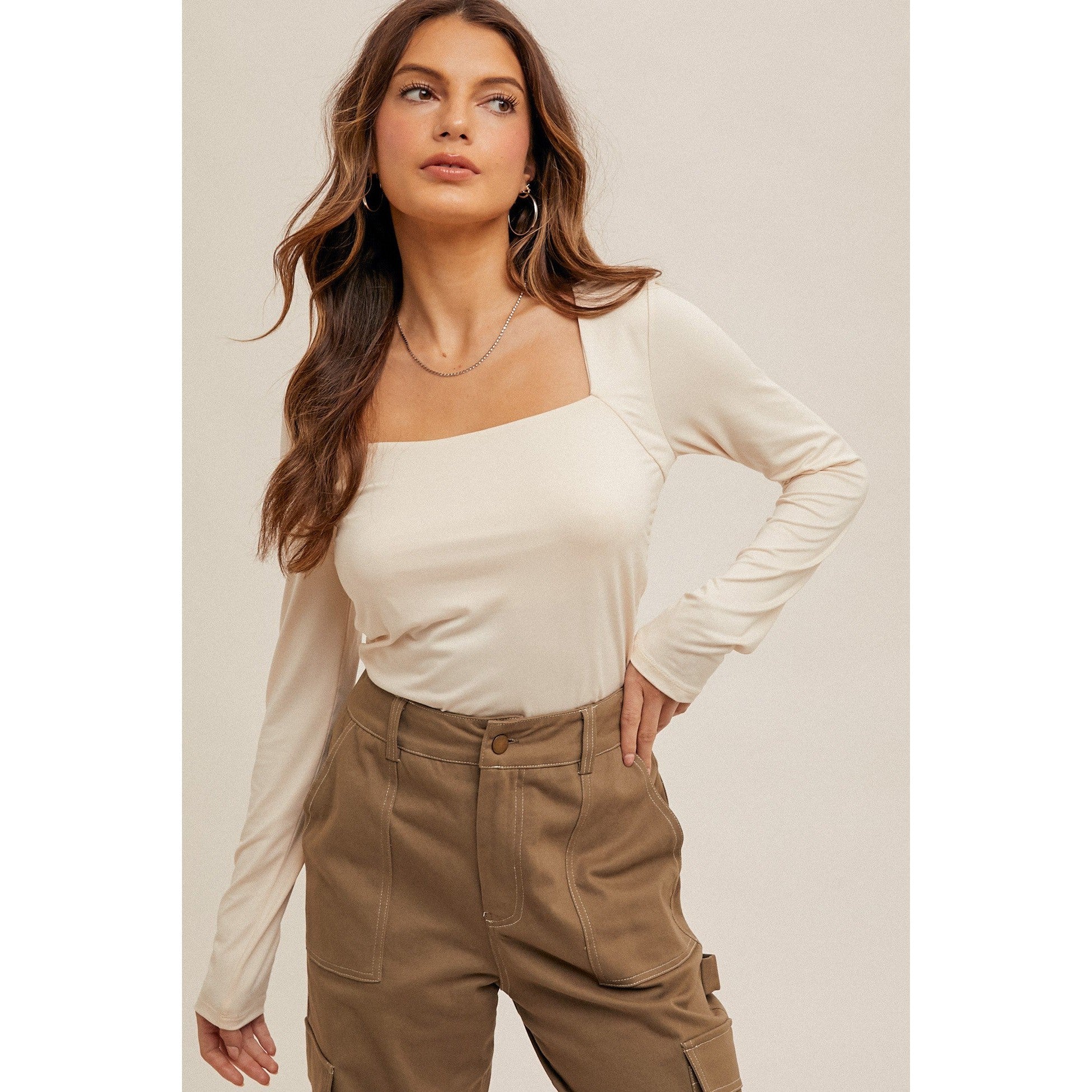 Cream Ruched Square Neck Top