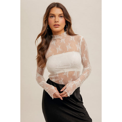 White Mock Neck Lace Top