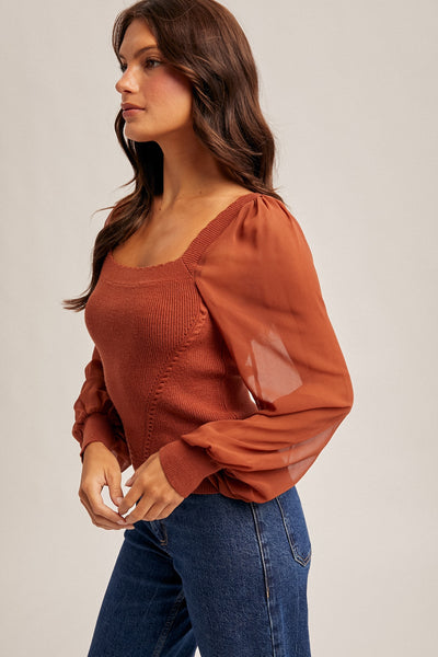 Rust Scallop Neck Chiffon Sleeve Sweater