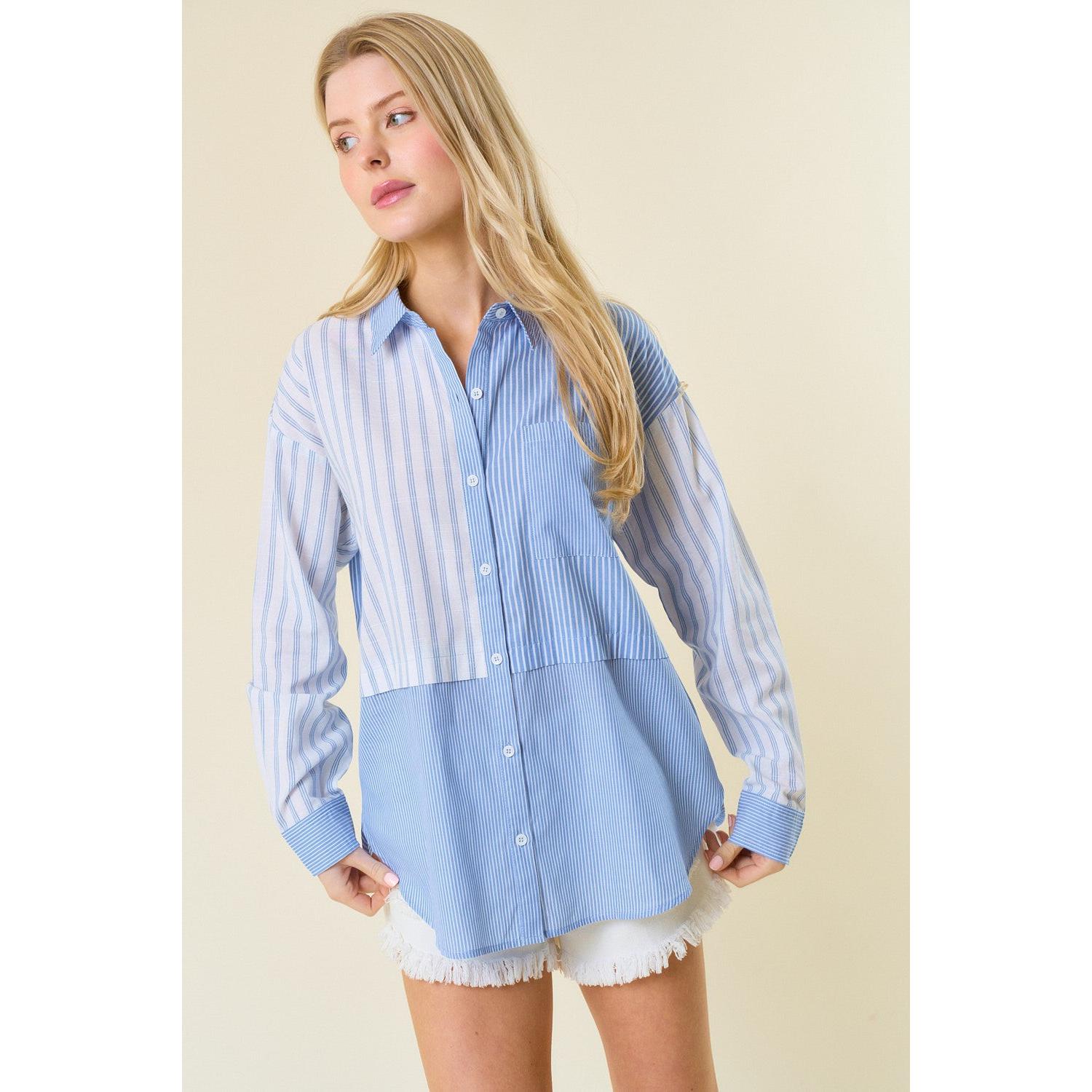 Blue & White Mixed Stripe Button Down