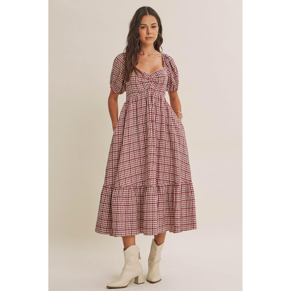Burgundy Plaid Midi Dress