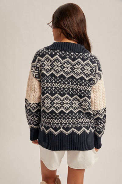 Navy Jacquard Half Zip Sweater