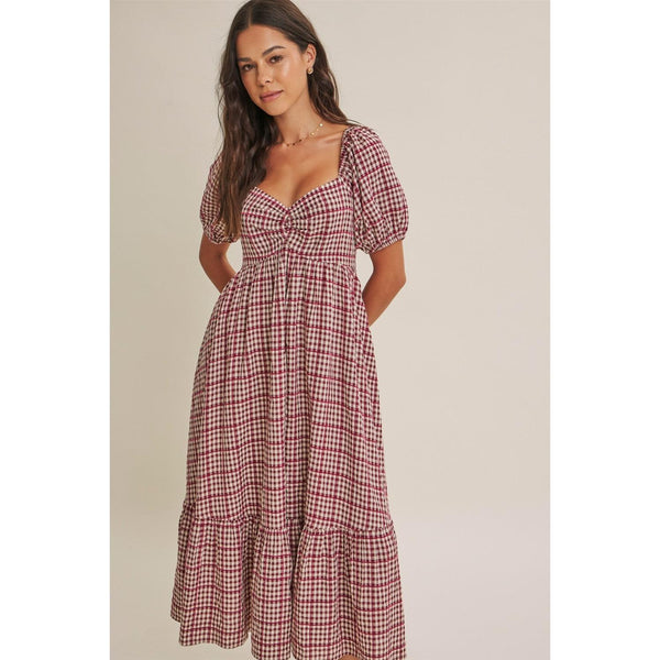 Burgundy Plaid Midi Dress