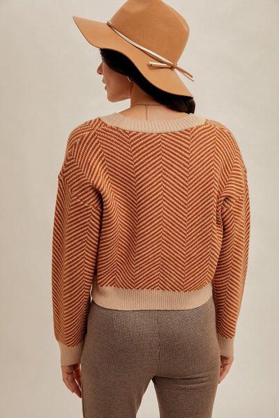 Rust Chevron Patterned Crop Boxy Cardigan
