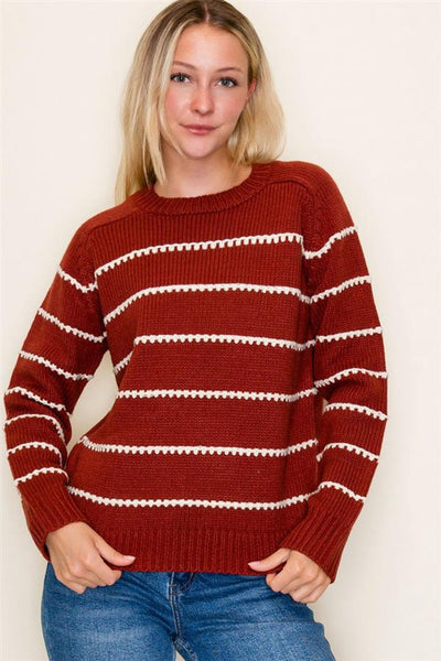 Dark Rust Striped Blanket Stitch Sweater