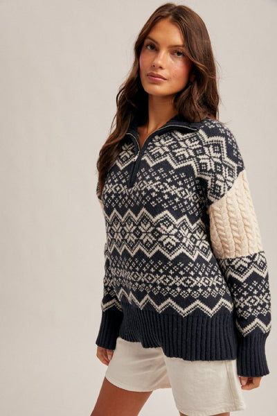 Navy Jacquard Half Zip Sweater