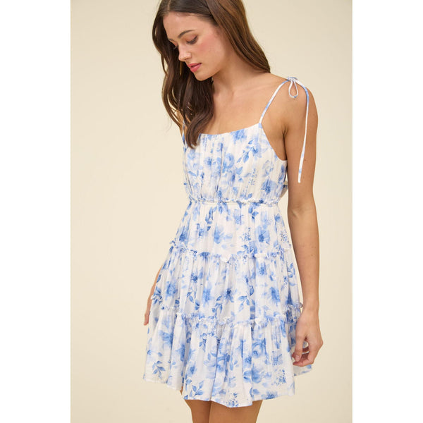 Blue Floral Bow Mini Dress