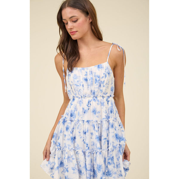 Blue Floral Bow Mini Dress