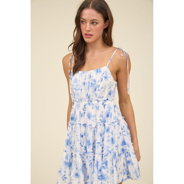 Blue Floral Bow Mini Dress