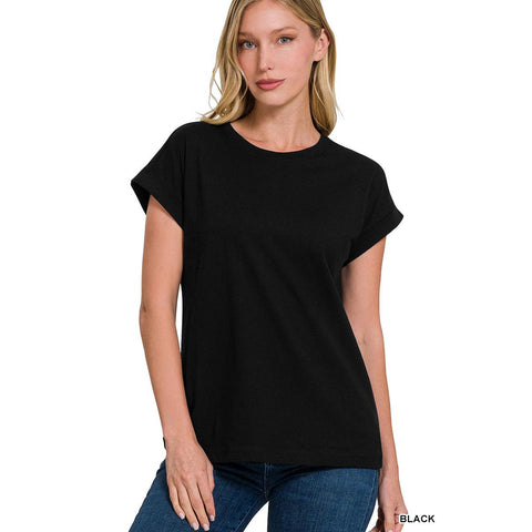Black Cotton Folded Sleeve Top