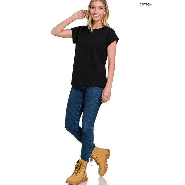 Black Cotton Folded Sleeve Top