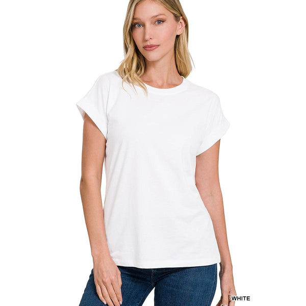White Cotton Folded Sleeve Top