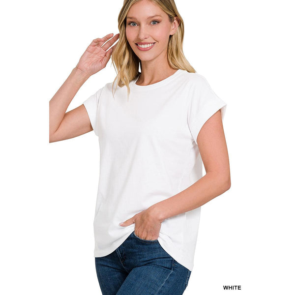 White Cotton Folded Sleeve Top