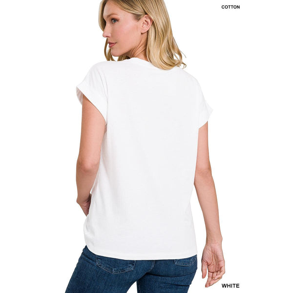 White Cotton Folded Sleeve Top
