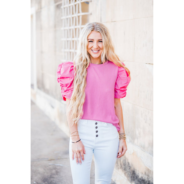 Pink Ribbed Top with Puff Sleeves