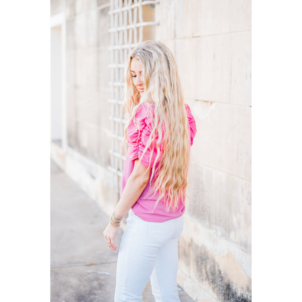 Pink Ribbed Top with Puff Sleeves