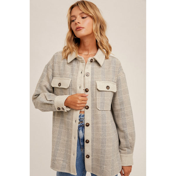 Gray Plaid Shacket with Contrast Detail
