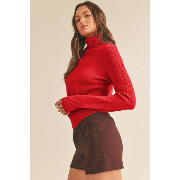 Red Cable Knit Turtleneck Sweater