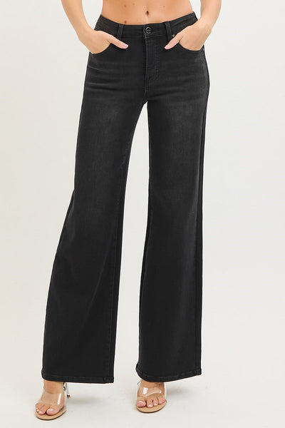 Risen Adriana Tummy Control High Rise Wide Leg Black Jeans