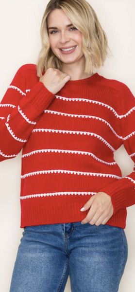 Red Striped Blanket Stitch Sweater