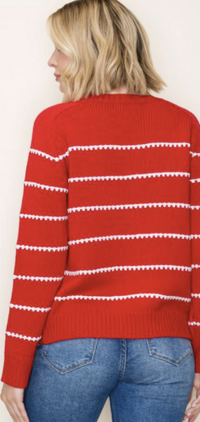 Red Striped Blanket Stitch Sweater