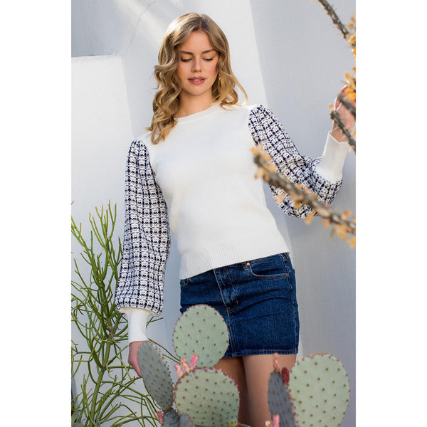 Blue and White Tweed Knit Top