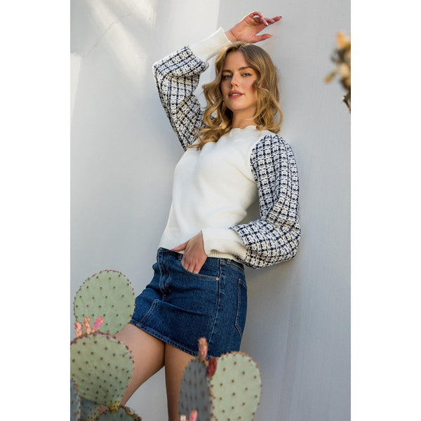 Blue and White Tweed Knit Top