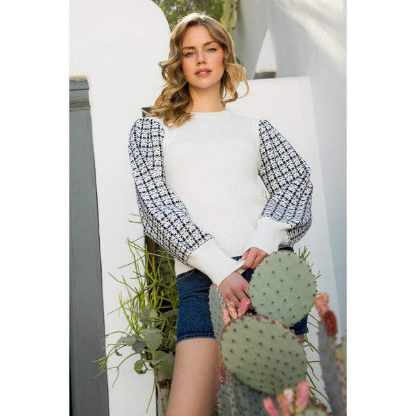 Blue and White Tweed Knit Top