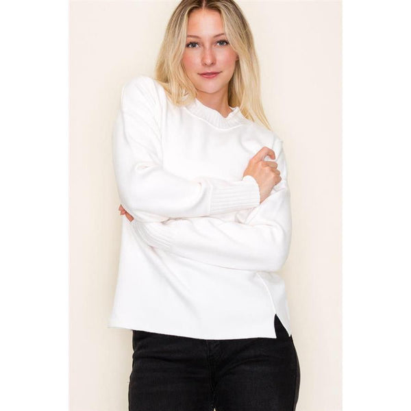 Ivory Mock Neck Pullover with Side Slits