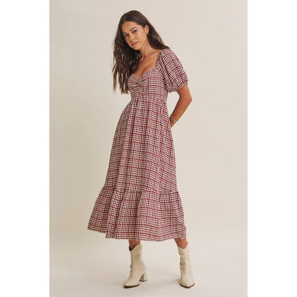 Burgundy Plaid Midi Dress