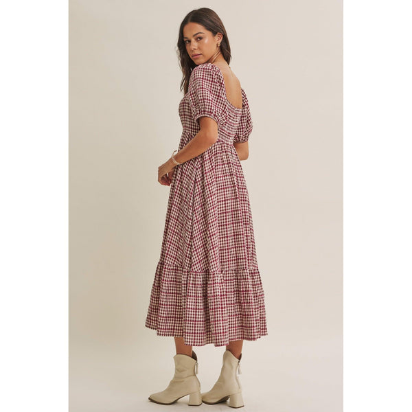 Burgundy Plaid Midi Dress