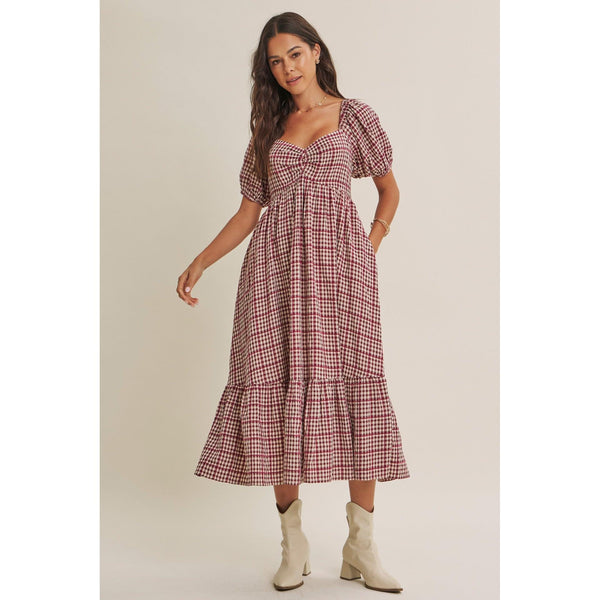 Burgundy Plaid Midi Dress