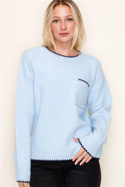 Light Blue Blanket Stitched Sweater