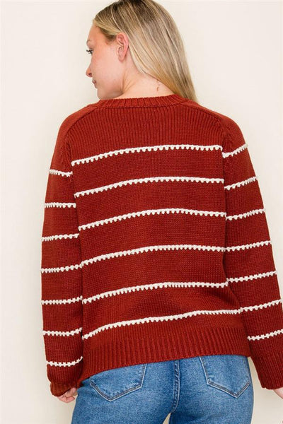 Dark Rust Striped Blanket Stitch Sweater