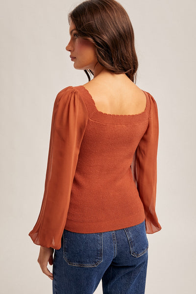 Rust Scallop Neck Chiffon Sleeve Sweater