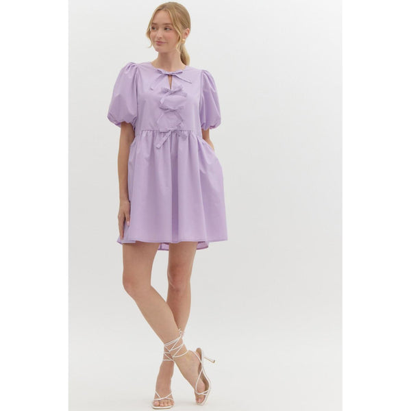 Lavender Bow Bubble Sleeve Mini Dress