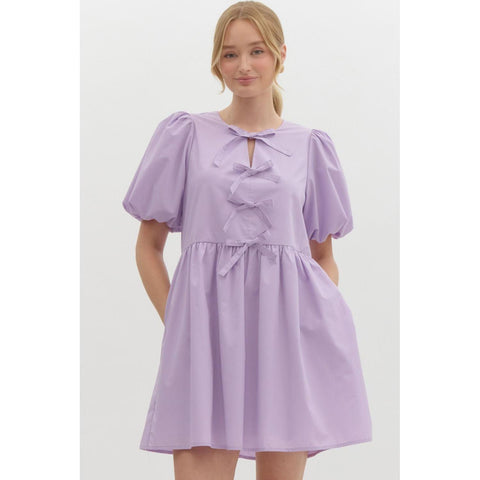 Lavender Bow Bubble Sleeve Mini Dress