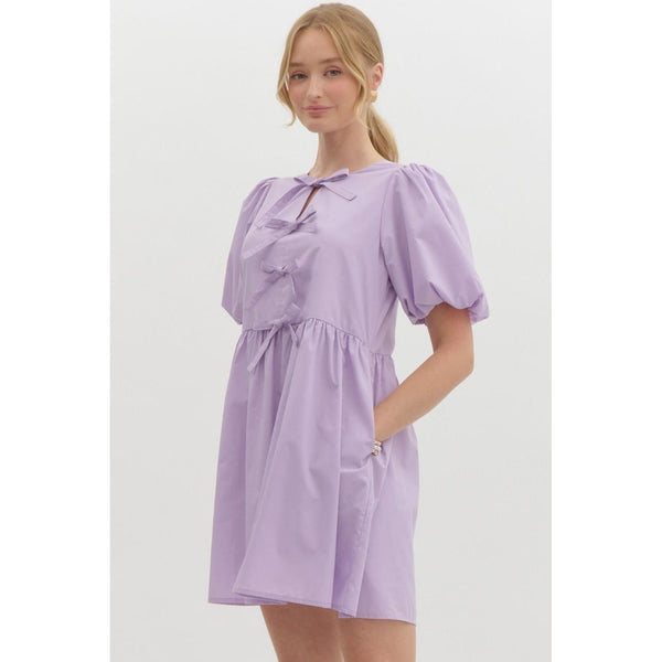 Lavender Bow Bubble Sleeve Mini Dress