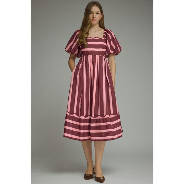 Pink & Burgundy Striped Midi Dress