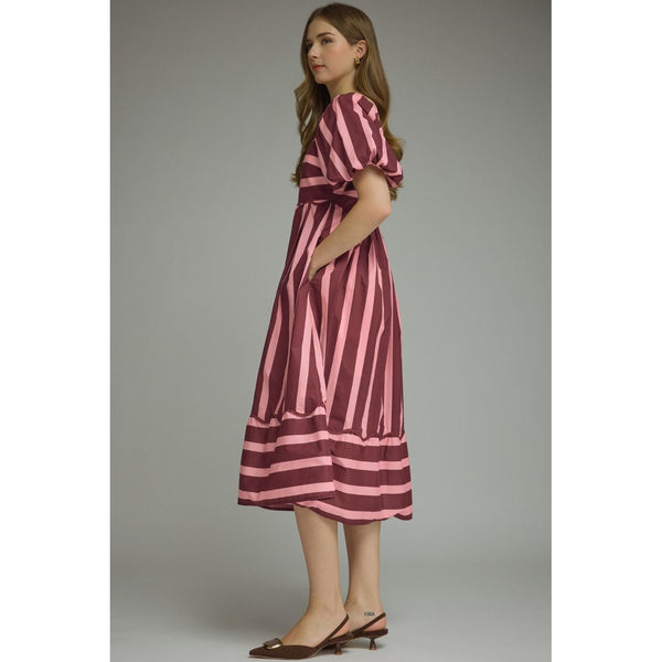 Pink & Burgundy Striped Midi Dress