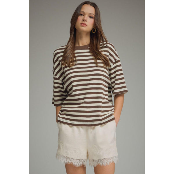 Brown Striped Oversized Waffle Knit Top