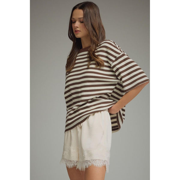 Brown Striped Oversized Waffle Knit Top